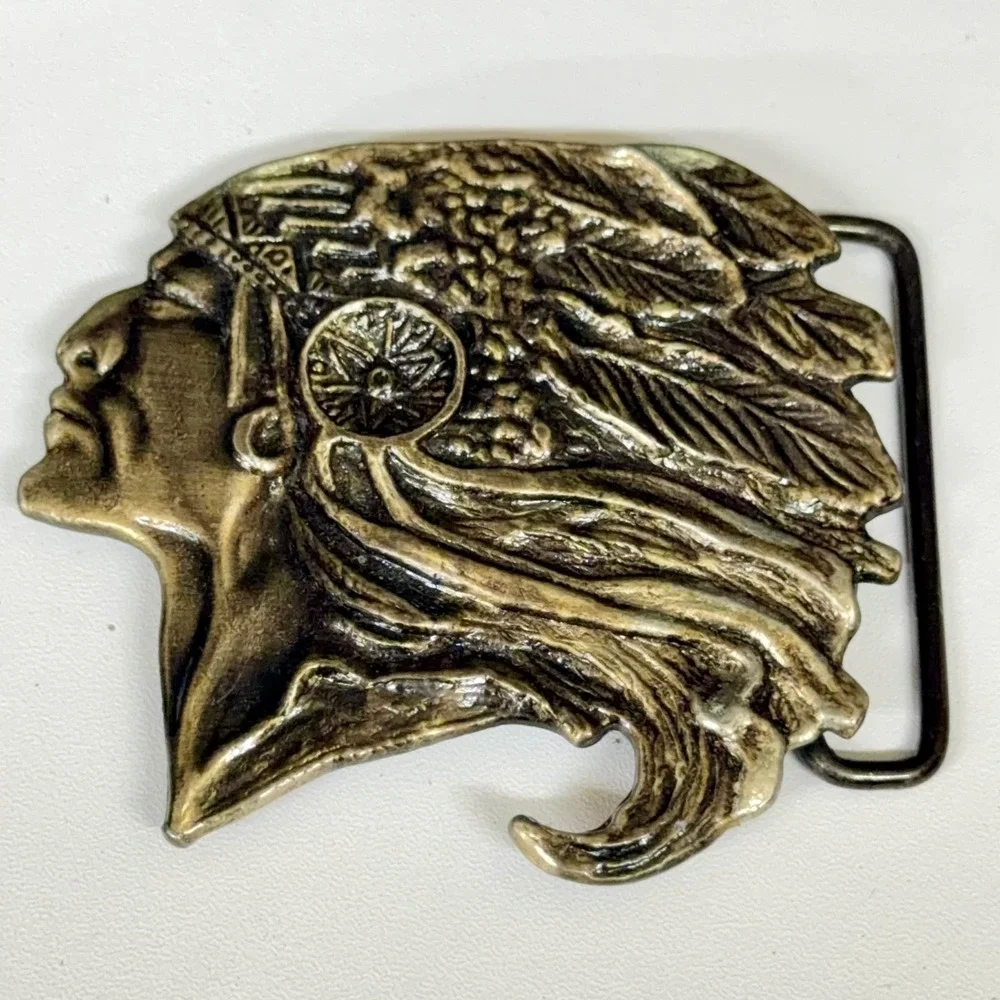 Vintage Native American Chief Headdress Belt Buckle Brass Tone‎ Western Boho